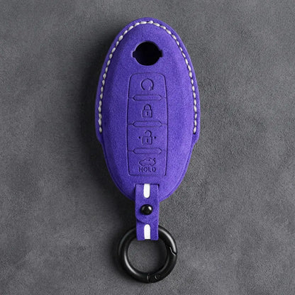 Nissan Hand-Stitched Alcantara Key Fob Cover – Oval 4-Button Remote Start - Dark Purple
