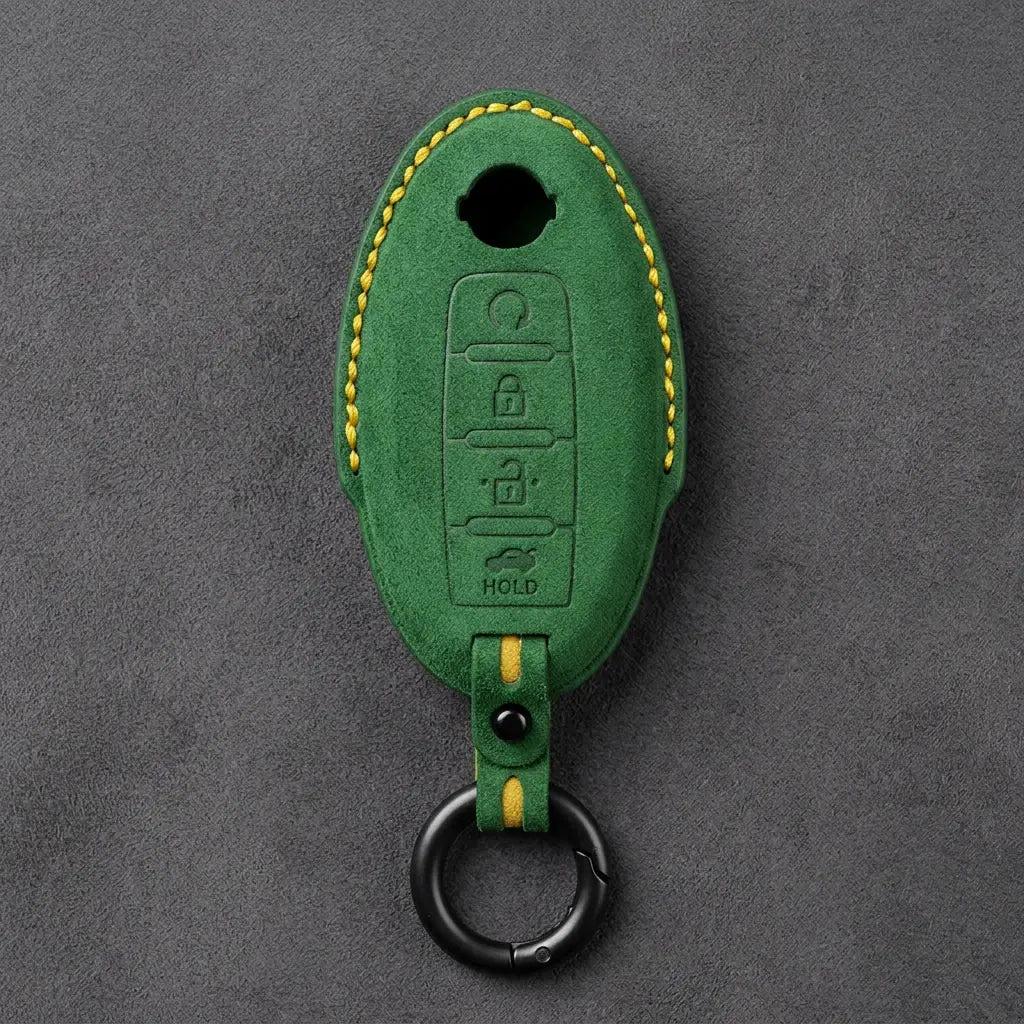 Nissan Hand-Stitched Alcantara Key Fob Cover – Oval 4-Button Remote Start - Grass Green