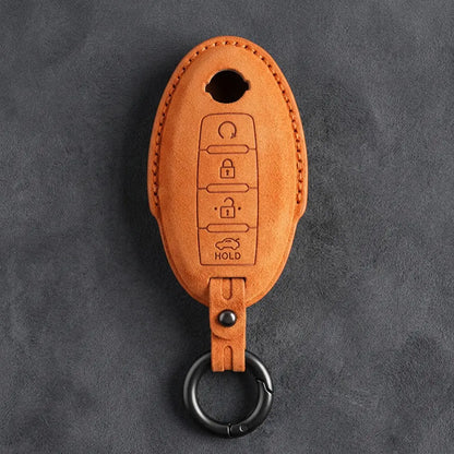 Nissan Hand-Stitched Alcantara Key Fob Cover – Oval 4-Button Remote Start - Orange