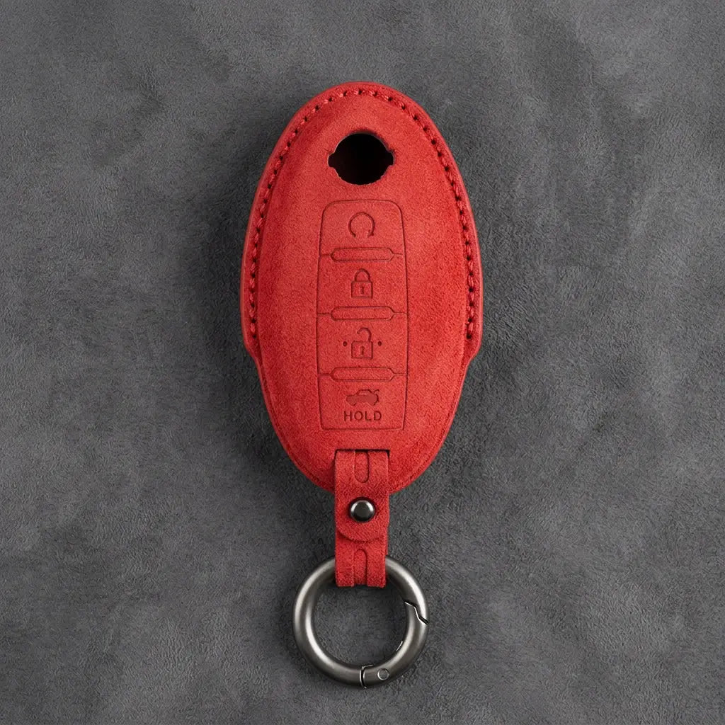 Nissan Hand-Stitched Alcantara Key Fob Cover – Oval 4-Button Remote Start - Red