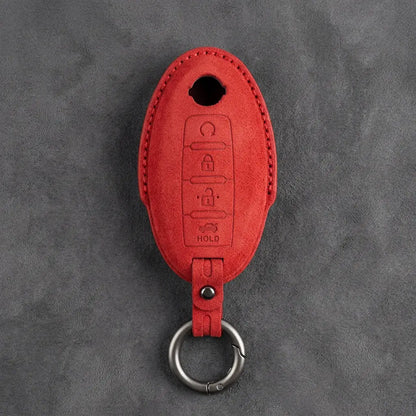 Nissan Hand-Stitched Alcantara Key Fob Cover – Oval 4-Button Remote Start - Red