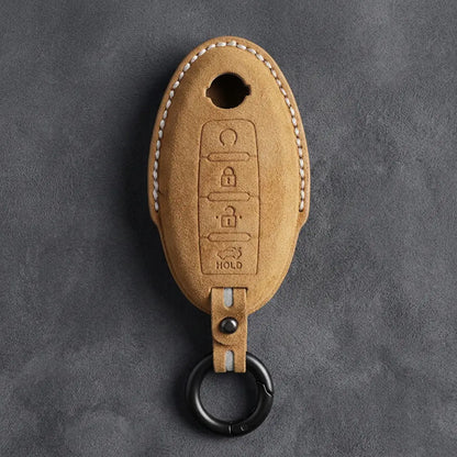 Nissan Hand-Stitched Alcantara Key Fob Cover – Oval 4-Button Remote Start - Soft Brown
