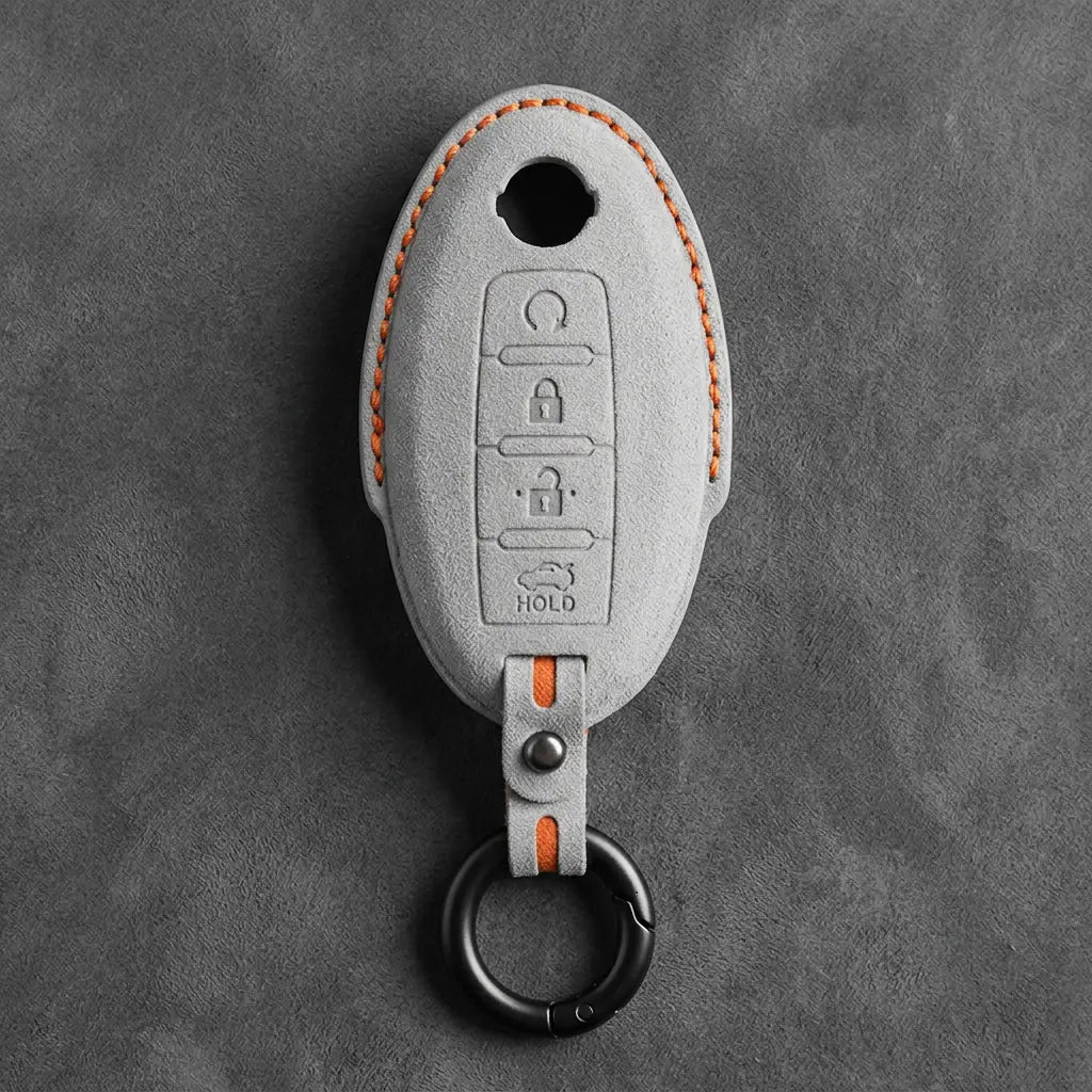 Nissan Hand-Stitched Alcantara Key Fob Cover – Oval 4-Button Remote Start - White