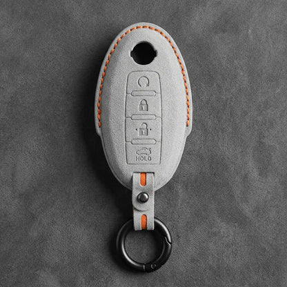 Nissan Hand-Stitched Alcantara Key Fob Cover – Oval 4-Button Remote Start - White