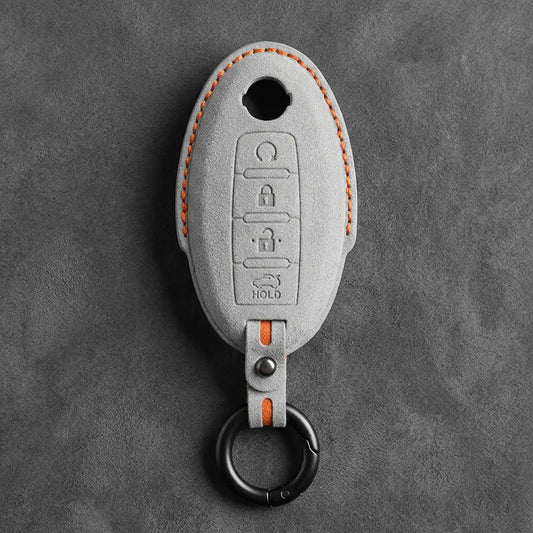 Nissan Hand-Stitched Alcantara Key Fob Cover – Oval 4-Button Remote Start - White