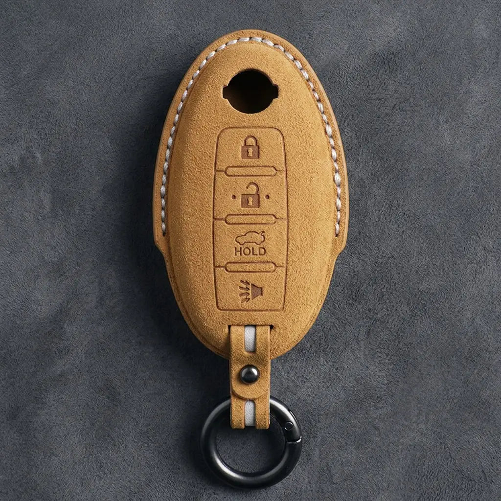Nissan Hand-Stitched Alcantara Key Fob Cover – Oval 4-Button - Soft Brown