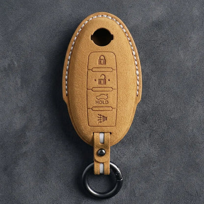 Nissan Hand-Stitched Alcantara Key Fob Cover – Oval 4-Button - Soft Brown
