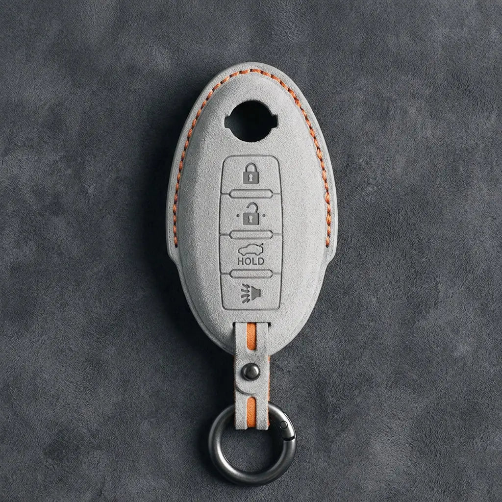 Nissan Hand-Stitched Alcantara Key Fob Cover – Oval 4-Button - White