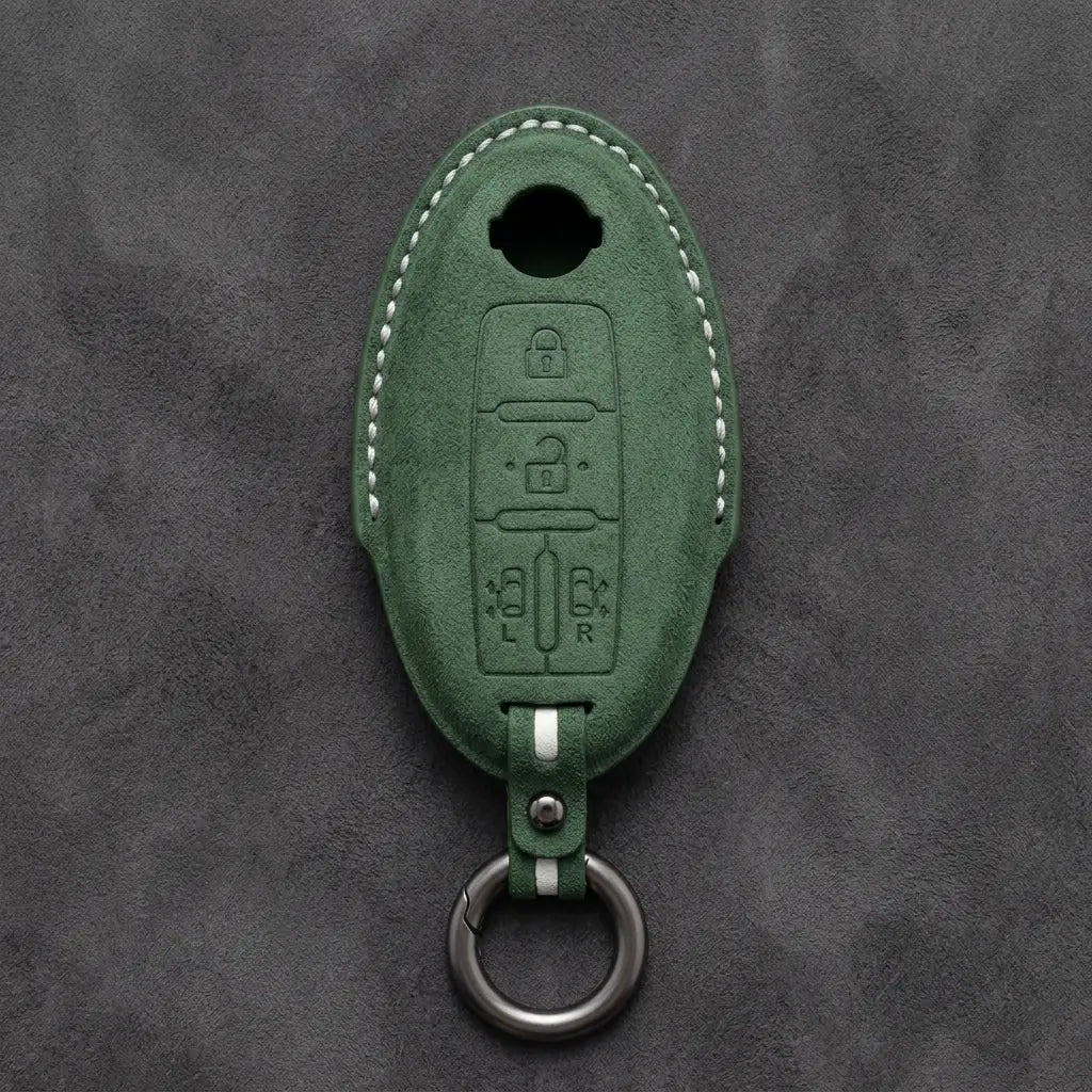 Nissan Hand-Stitched Alcantara Key Fob Cover – Oval Dual Sliding Doors - Dark Green