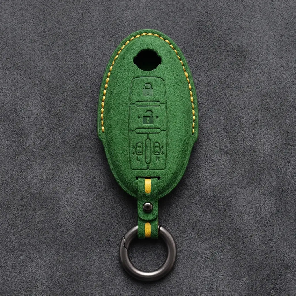 Nissan Hand-Stitched Alcantara Key Fob Cover – Oval Dual Sliding Doors - Grass Green