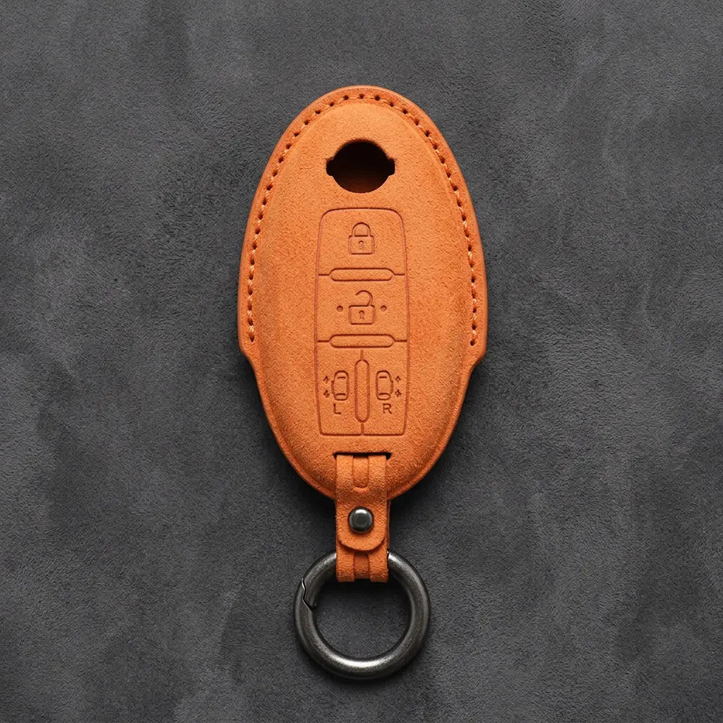 Nissan Hand-Stitched Alcantara Key Fob Cover – Oval Dual Sliding Doors - Orange