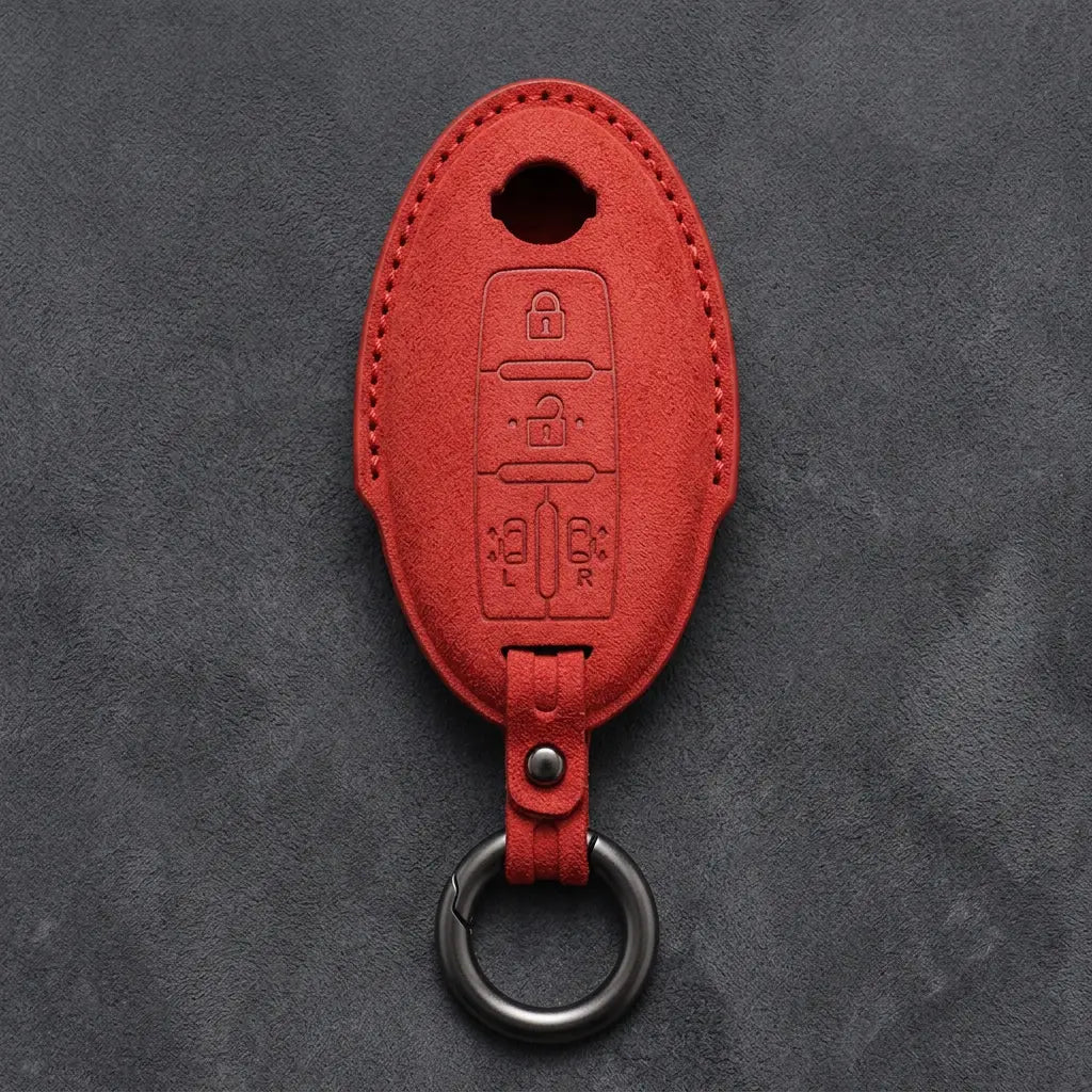 Nissan Hand-Stitched Alcantara Key Fob Cover – Oval Dual Sliding Doors - Red