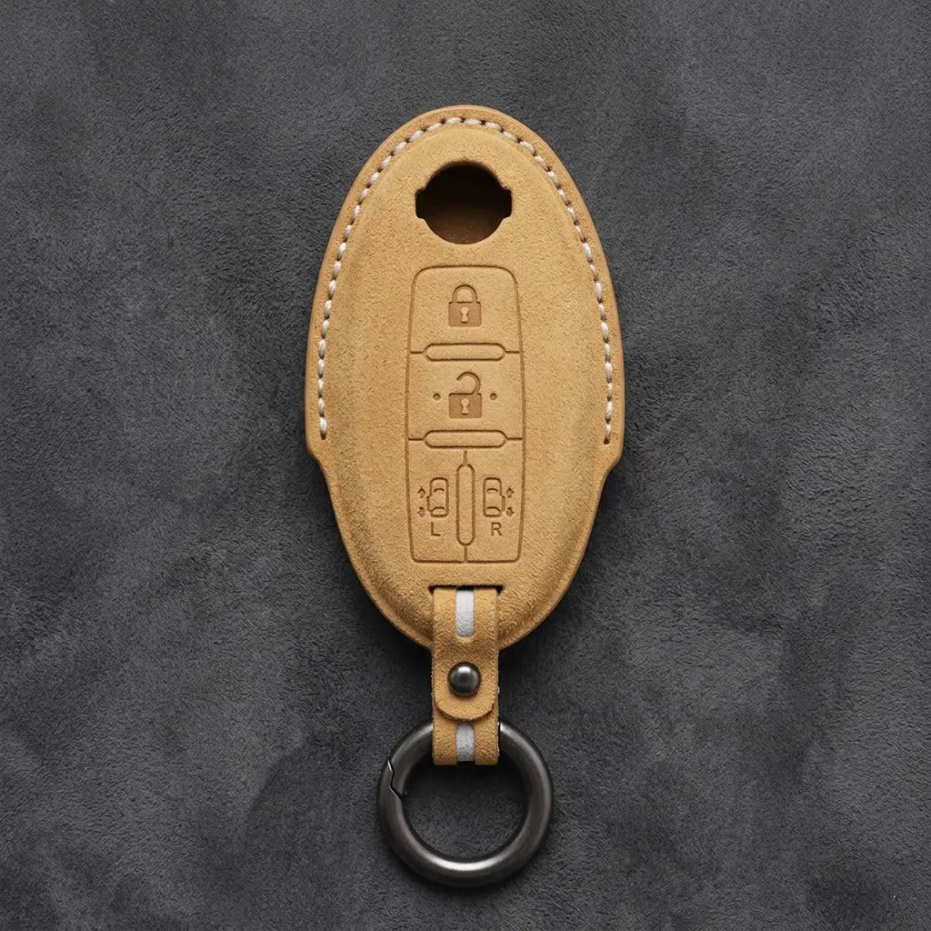 Nissan Hand-Stitched Alcantara Key Fob Cover – Oval Dual Sliding Doors - Soft Brown