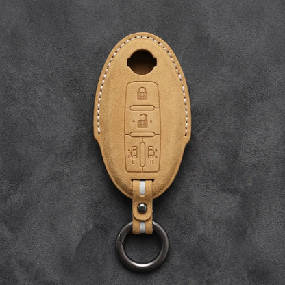 Nissan Hand-Stitched Alcantara Key Fob Cover – Oval Dual Sliding Doors - Soft Brown
