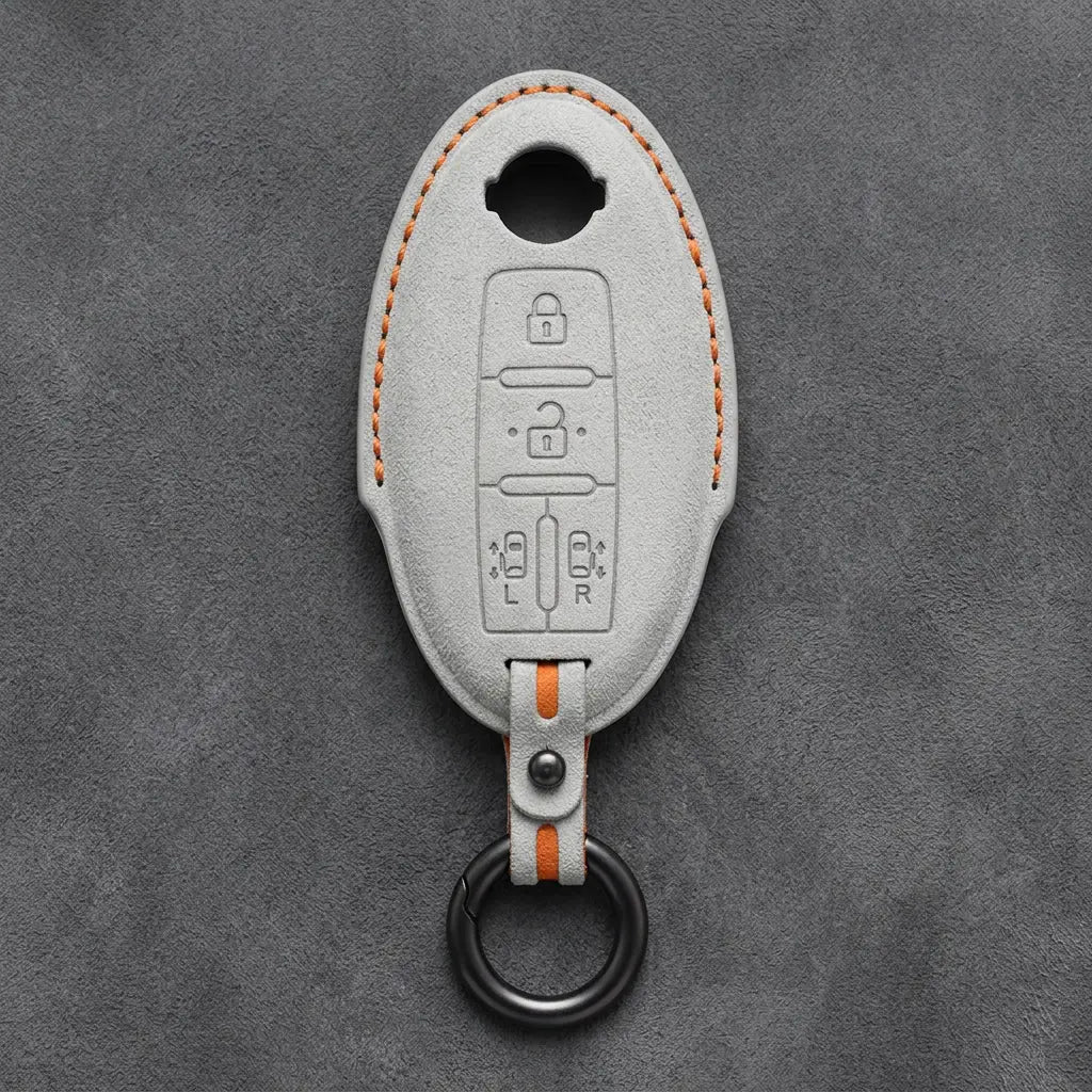 Nissan Hand-Stitched Alcantara Key Fob Cover – Oval Dual Sliding Doors - White