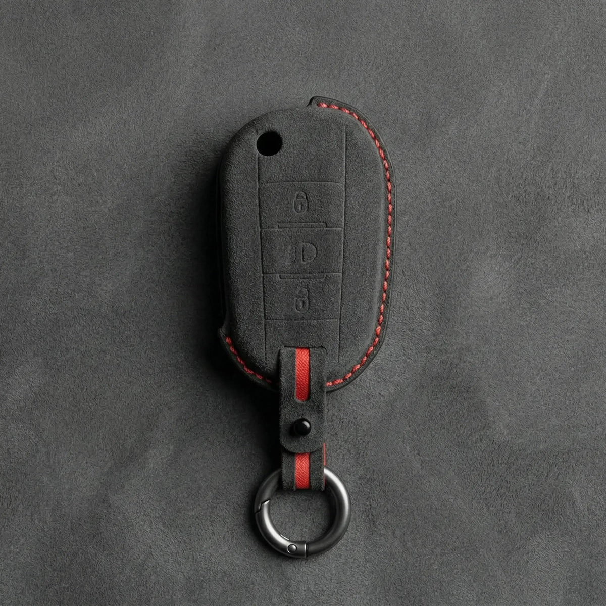 Peugeot Hand-Stitched Alcantara Key Fob Cover - Flip Key 3-Button in dark charcoal
