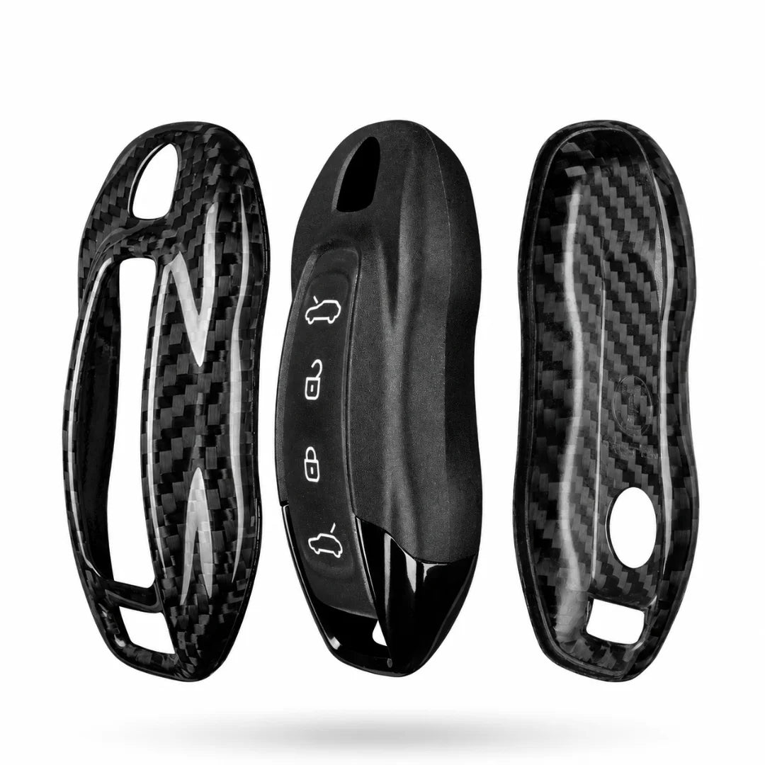 Three views of a black carbon fiber key fob cover case on a white background, showing the front button cutout, back, and interior lining.