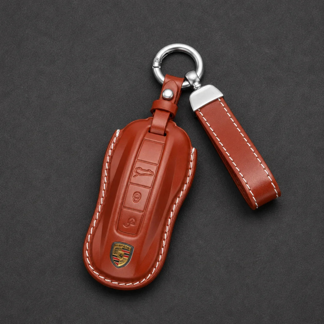 Porsche Genuine Leather Key Fob Case Signature Car Shape Brown