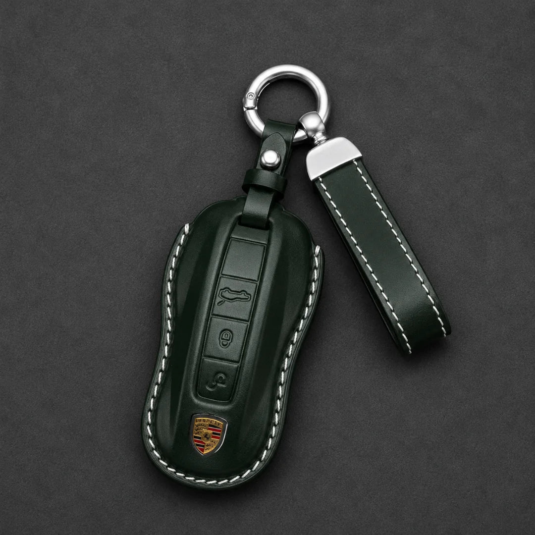 Porsche Genuine Leather Key Fob Case Signature Car Shape Dark Forest green