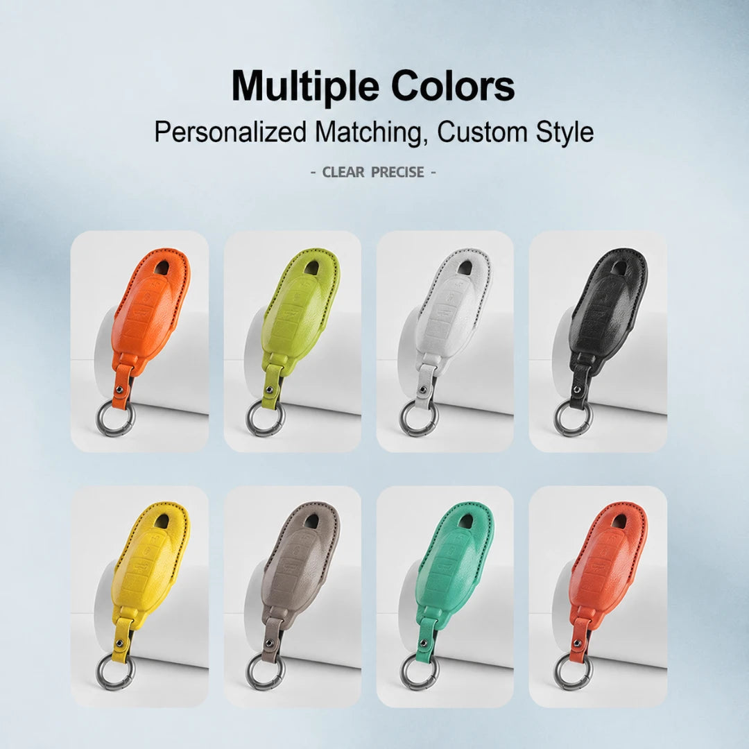 A promotional graphic showing eight small views of a matching keychain-style accessory in different colors, including orange, lime green, white, black, yellow, taupe, mint green, and coral. Text at the top reads 'Multiple Colors' and 'Personalized Matching, Custom Style' with 'CLEAR PRECISE' below.