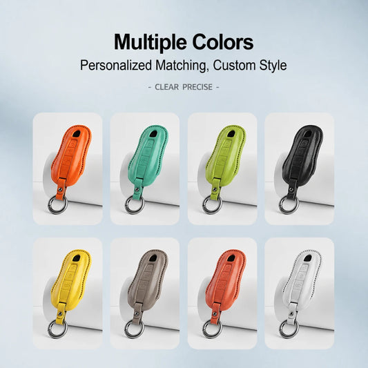 A promotional graphic showing eight leather key fob covers in different colors arranged in a grid, with text at the top reading 'Multiple Colors' and 'Personalized Matching, Custom Style'. The covers are shown in orange, mint green, lime green, black, yellow, taupe, coral, and white, each with a metal key ring attached.