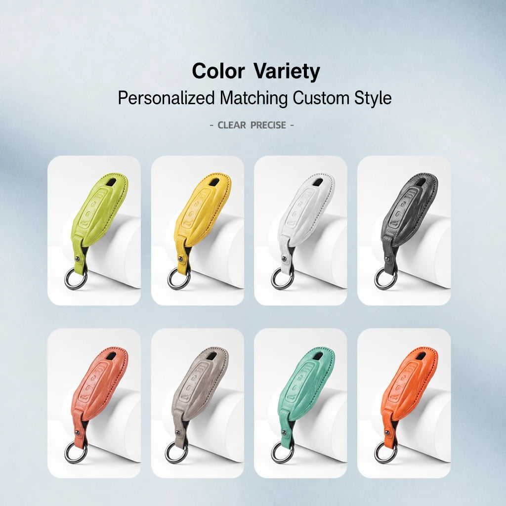A promotional graphic showing eight customized key fob covers in different colors, arranged in a 2x4 grid on a light blue gradient background. Above the grid, text reads 'Color Variety' and 'Personalized Matching Custom Style'.