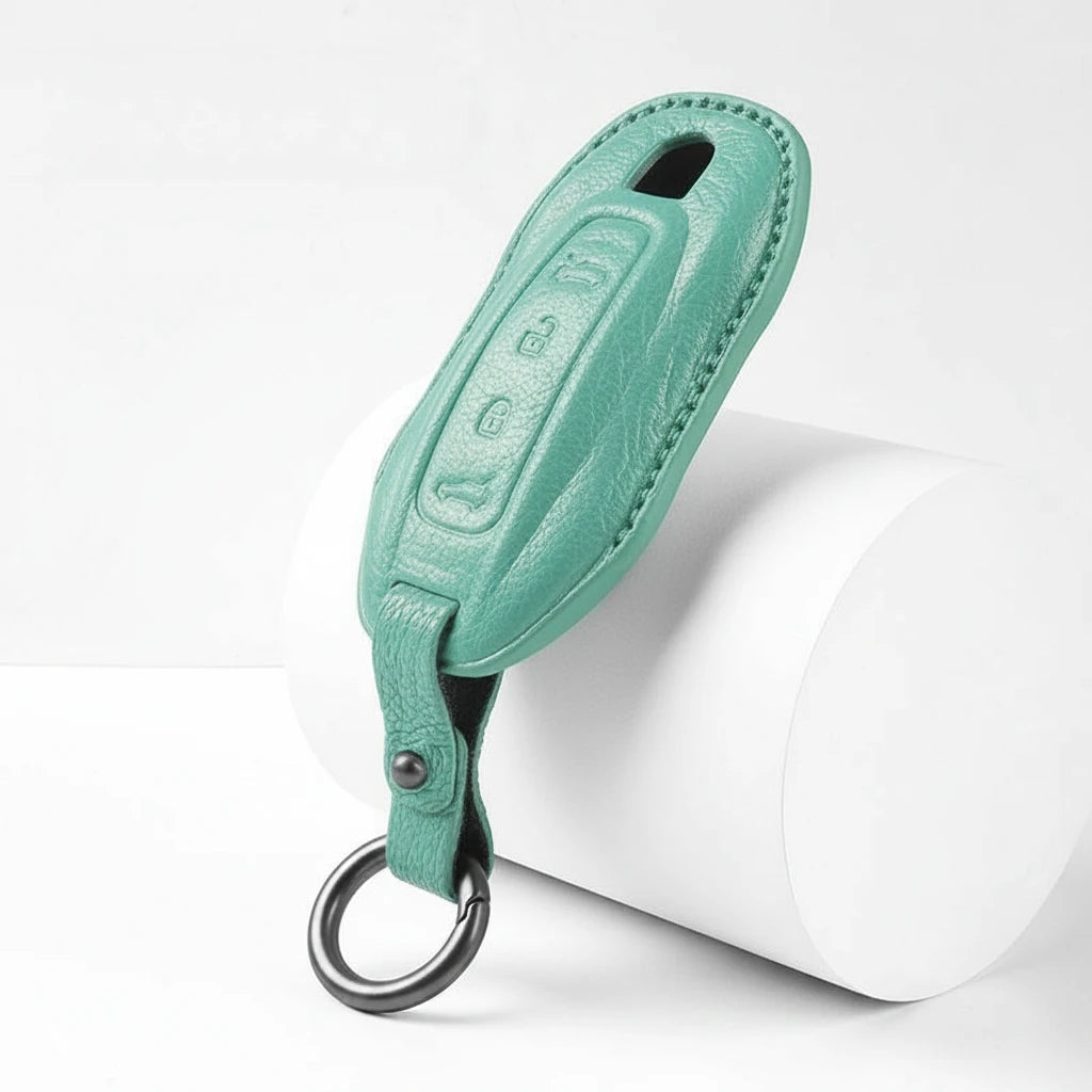 Porsche Goatskin Key Fob Cover - Slimline Car-Shape - Cyan