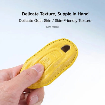 A hand holding a small yellow leather insole or footbed against a light blue gradient background, with text at the top reading 'Delicate Texture, Supple in Hand' and 'Delicate Goat Skin / Skin-Friendly Texture'.