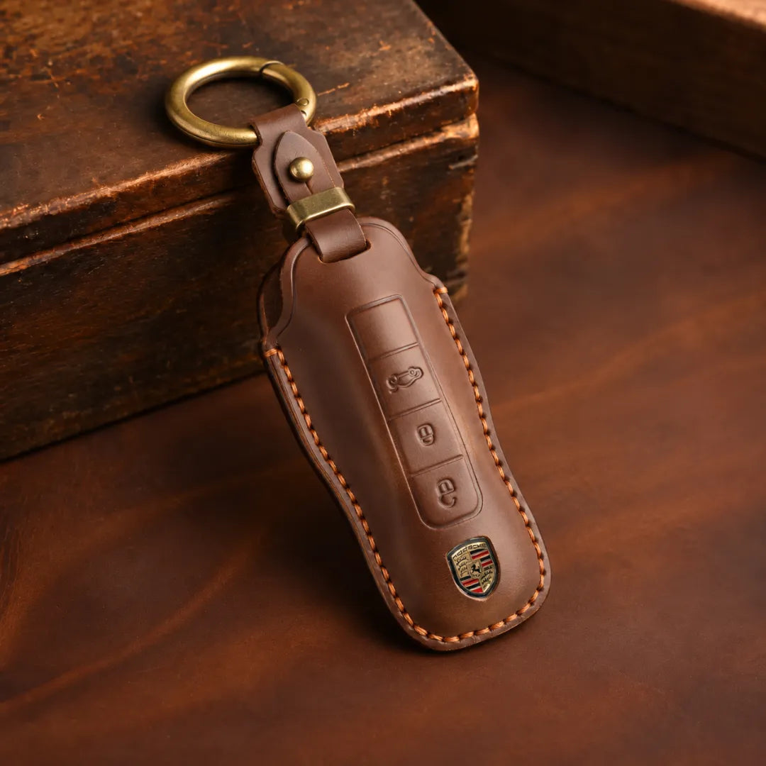 Porsche Hand-Crafted Leather Key Fob Cover - Classic Car-Shape - Brown