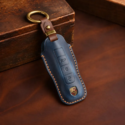 Porsche Hand-Crafted Leather Key Fob Cover - Classic Car-Shape - Navy