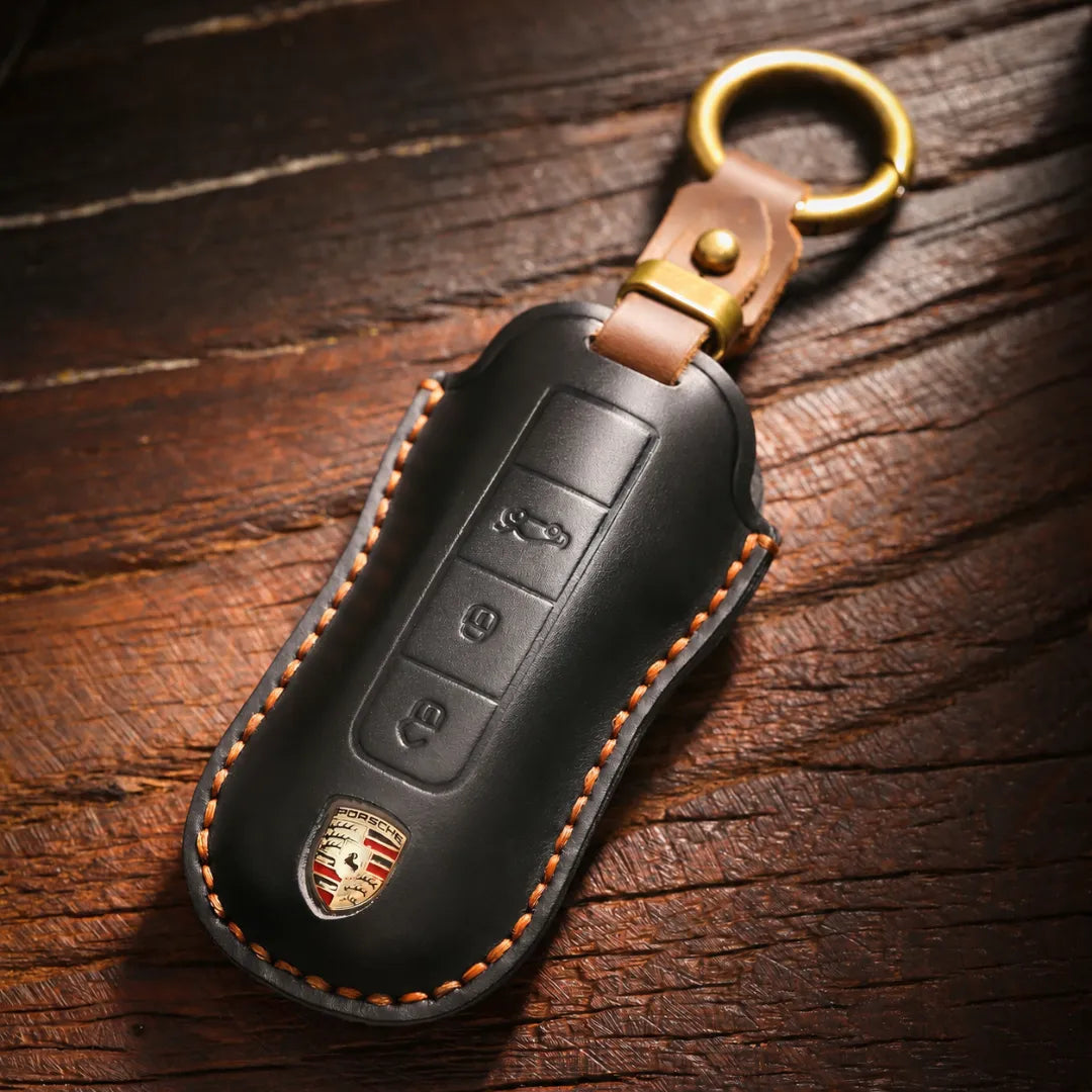 Porsche Hand-Crafted Leather Key Fob Cover - Classic Car-Shape - On The Table Close Up