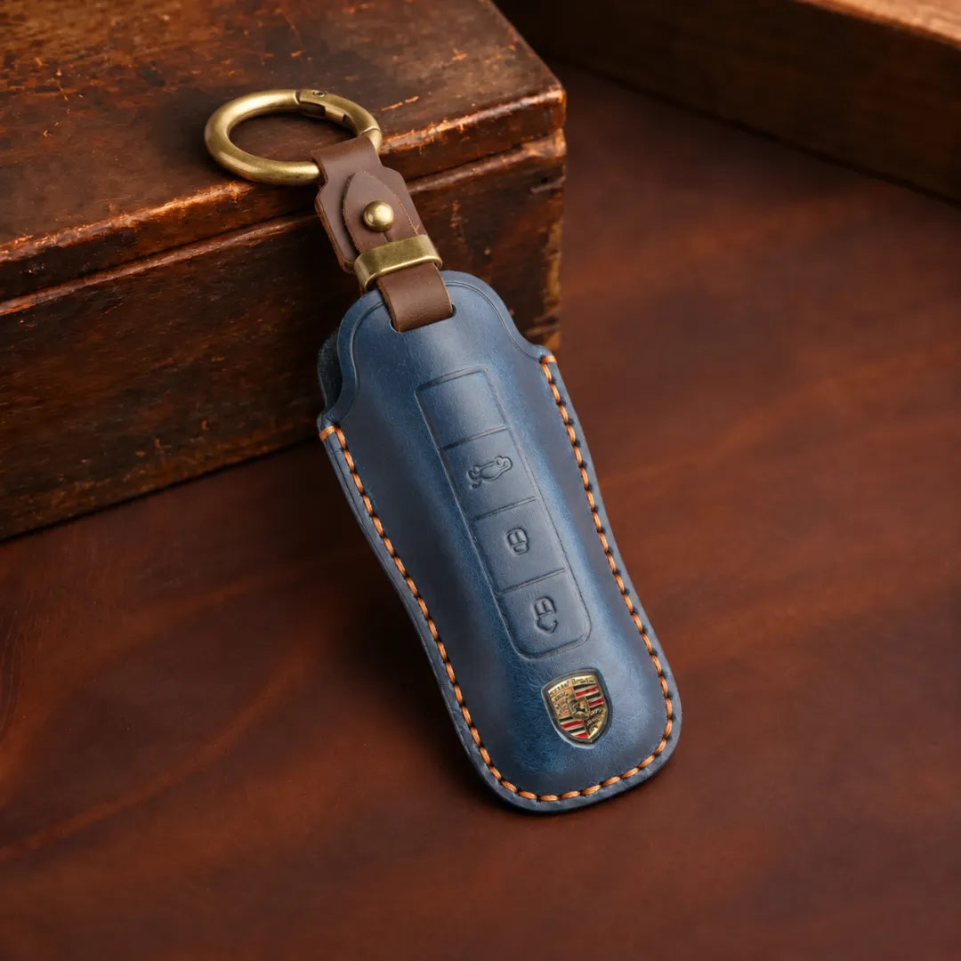 Porsche Hand-Crafted Leather Key Fob Cover - Signature Car-Shape - Navy