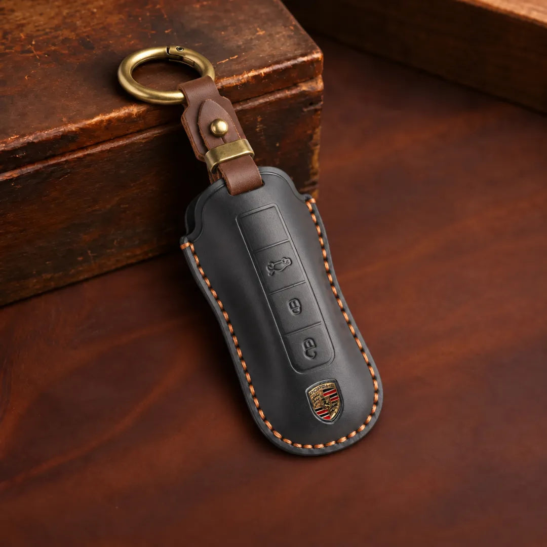Porsche Hand-Crafted Leather Key Fob Cover - Signature Car-Shape - Black