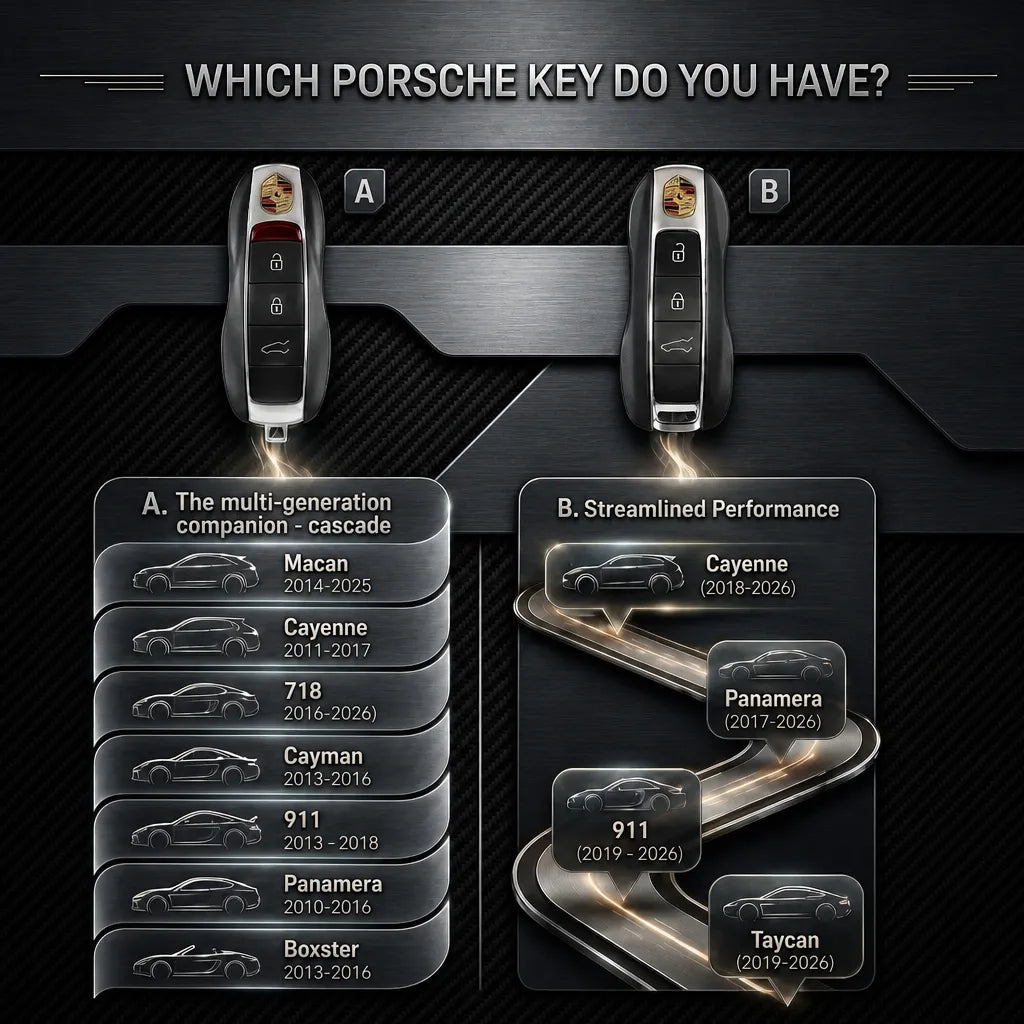 An informational graphic titled 'WHICH PORSCHE KEY DO YOU HAVE?' showing two Porsche key fobs labeled A and B, with text and car model examples associated with each key on a dark carbon-fiber-style background.