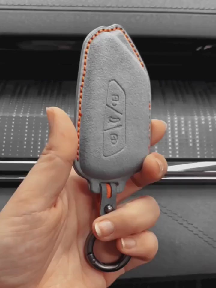 Skoda Hand Stitched Alcantara Key Fob Cover Angular 3-button Dark Gray Video