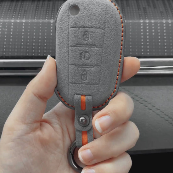 Peugeot Hand Stitched Alcantara Key Fob Cover Flip Key 3-button Dark Gray