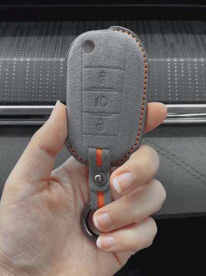 Peugeot Hand Stitched Alcantara Key Fob Cover Flip Key 3-button Dark Gray