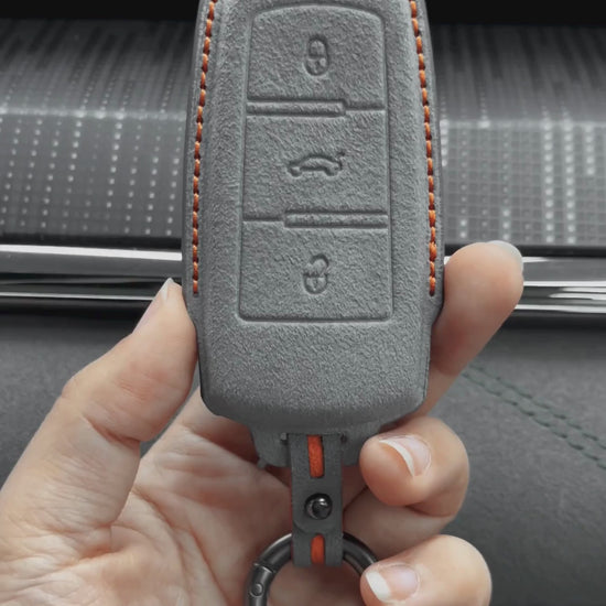 Volkswagen Hand Stitched Alcantara Key Fob Cover Chrome Base 3-button Dark Gray
