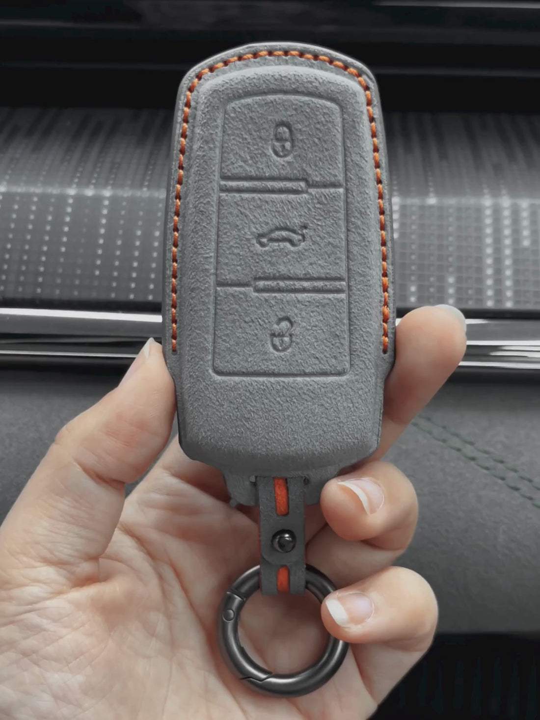 Volkswagen Hand Stitched Alcantara Key Fob Cover Chrome Base 3-button Dark Gray