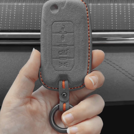 Jeep Hand-Stitched Alcantara Key Fob Cover – Geometric Remote Start Flip Key Dark Gray