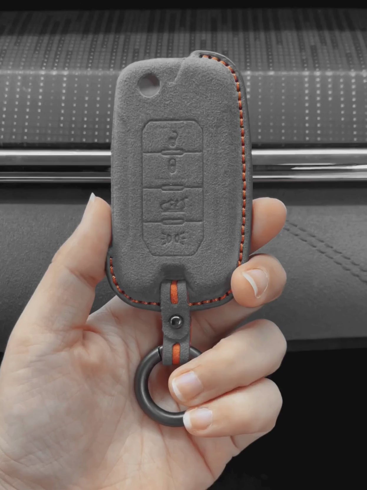 Jeep Hand-Stitched Alcantara Key Fob Cover – Geometric Remote Start Flip Key Dark Gray