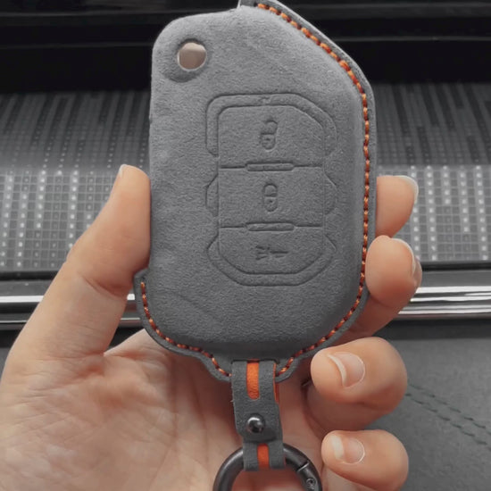 Jeep Hand-Stitched Alcantara Key Fob Cover – Rugged Panic Flip Key Dark Gray