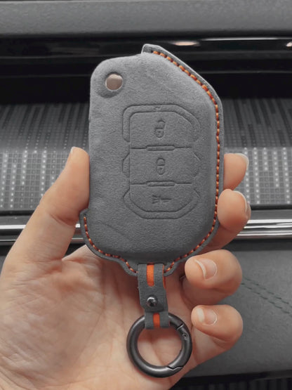 Jeep Hand-Stitched Alcantara Key Fob Cover – Rugged Panic Flip Key Dark Gray