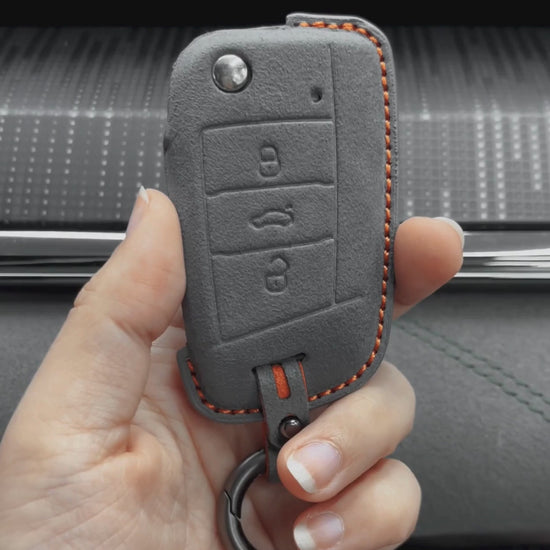 Volkswagen Hand Stitched Alcantara Key Fob Cover Flip Key 3-button Dark Gray