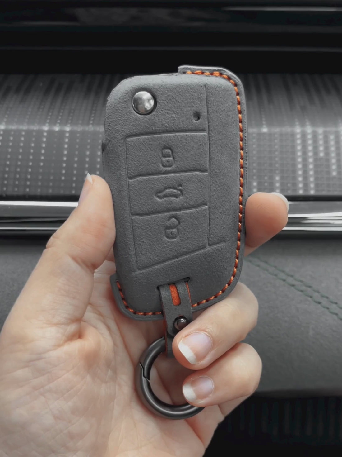 Volkswagen Hand Stitched Alcantara Key Fob Cover Flip Key 3-button Dark Gray