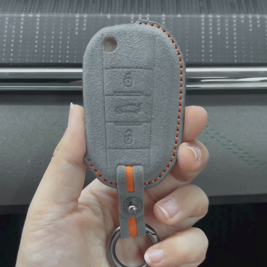 Peugeot Hand Stitched Alcantara Key Fob Cover Angular Flip Key 3-button Dark Gray