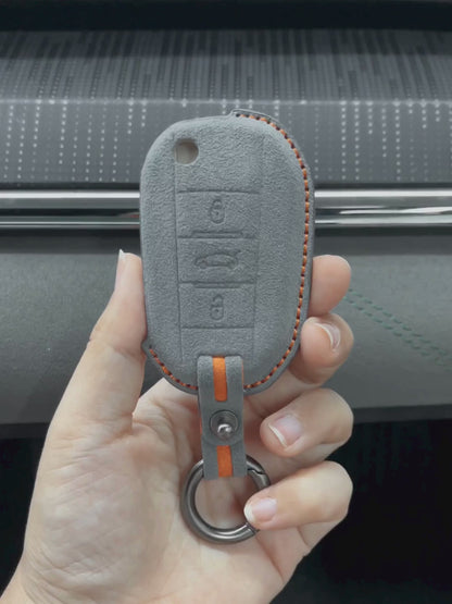 Peugeot Hand Stitched Alcantara Key Fob Cover Angular Flip Key 3-button Dark Gray