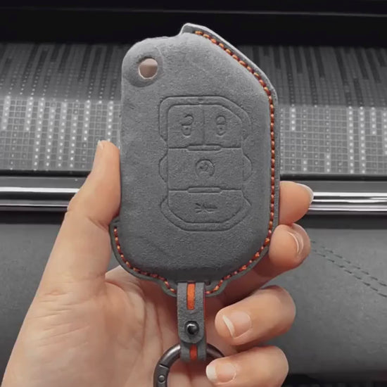 Jeep Hand-Stitched Alcantara Key Fob Cover – Remote Start Flip Key 4-Button Dark Gray