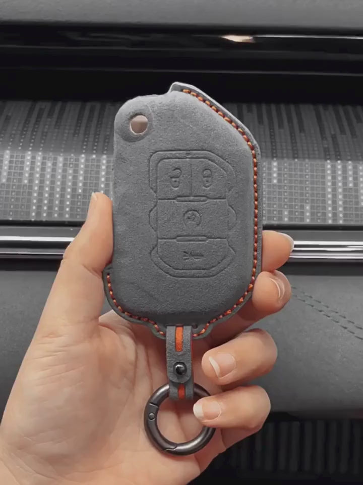 Jeep Hand-Stitched Alcantara Key Fob Cover – Remote Start Flip Key 4-Button Dark Gray