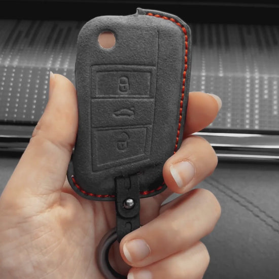 Volkswagen Hand Stitched Alcantara Key Fob Cover Shield Flip Key 3-button Dark Charcoal